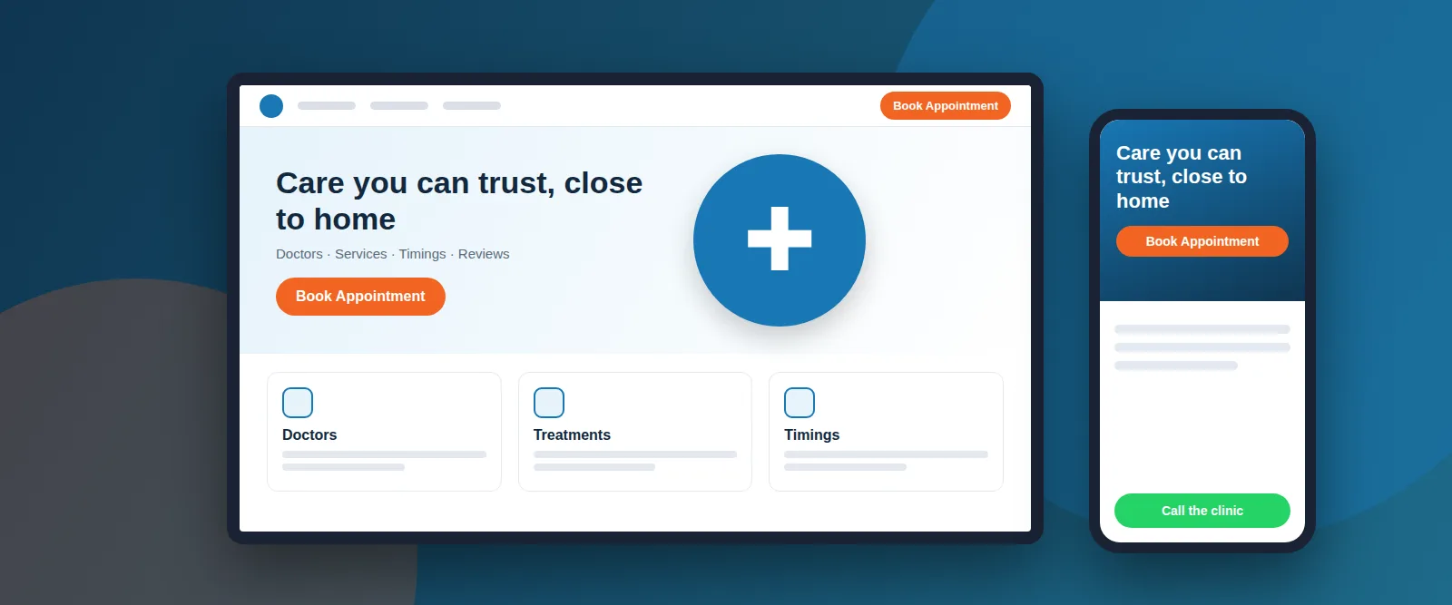 Illustration of a clinic website with a book appointment button on a laptop and phone