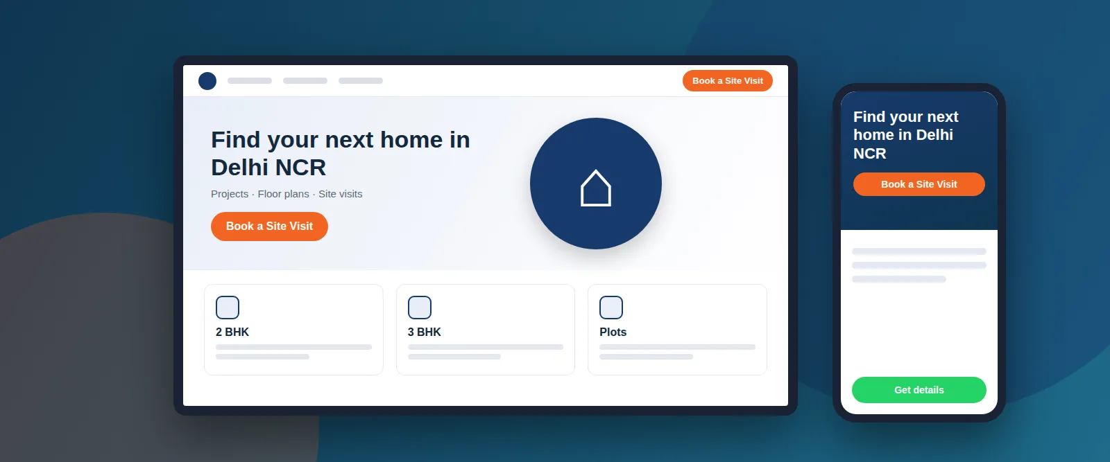 Illustration of a real estate website with a book site visit button on a laptop and phone