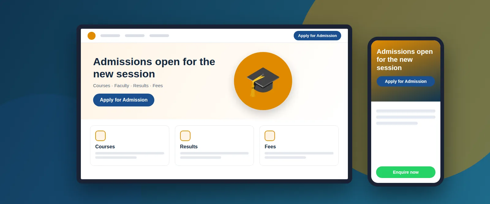 Illustration of a school and coaching website with an apply for admission button on a laptop and phone