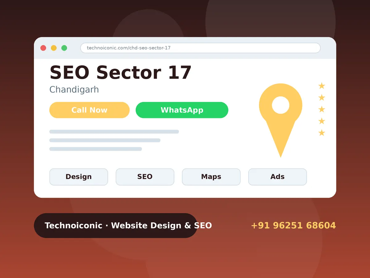 SEO services in Sector 17 Chandigarh market with Google search results and map pin for a shop