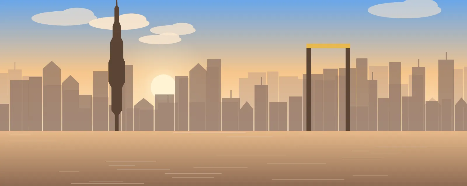Illustration of the Dubai skyline at golden hour with the Dubai Frame