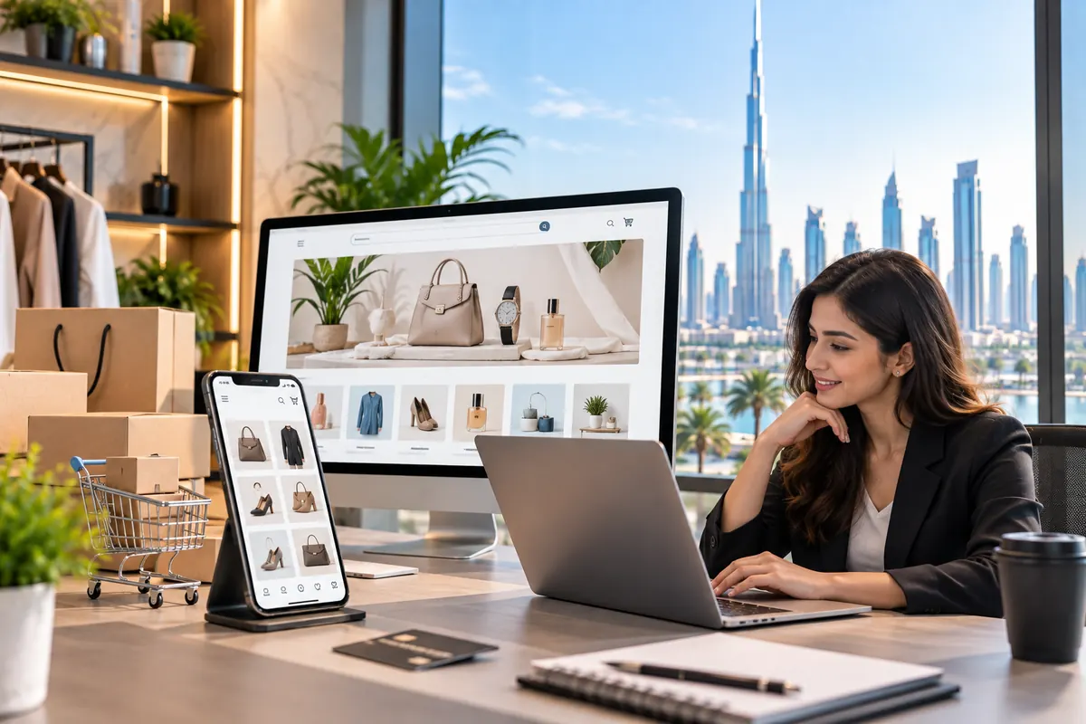 Woman browsing an online store on laptop, monitor and phone in a Dubai office with the Burj Khalifa skyline behind