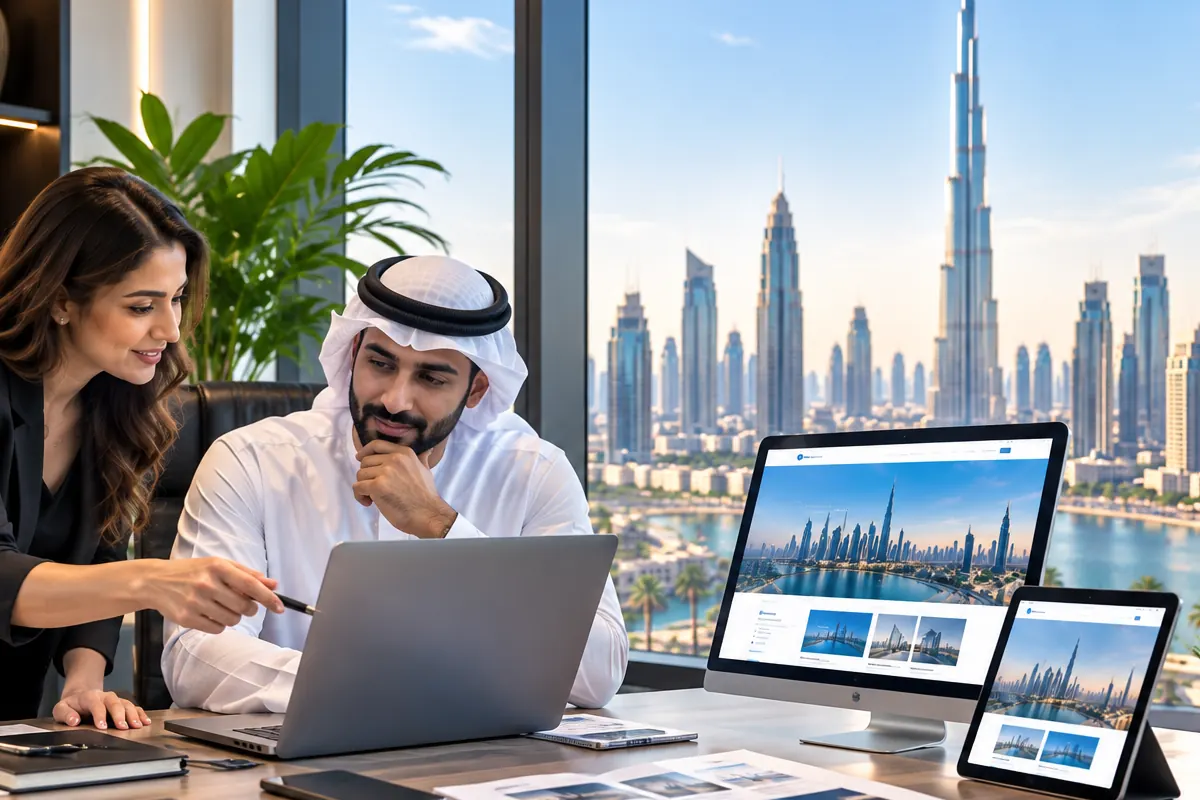 Designer and client reviewing a landing page on a laptop in a Dubai office with the Burj Khalifa skyline behind