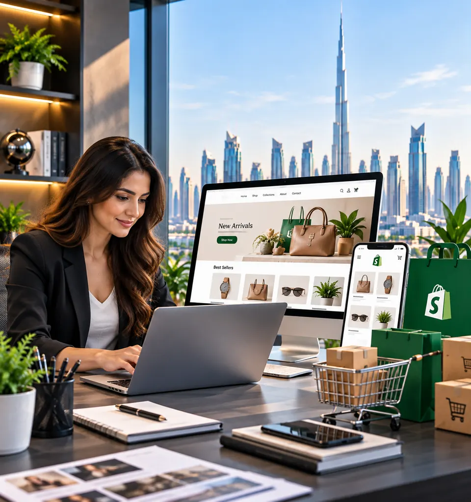Woman building a Shopify online store on a laptop with the Dubai skyline and Burj Khalifa behind her
