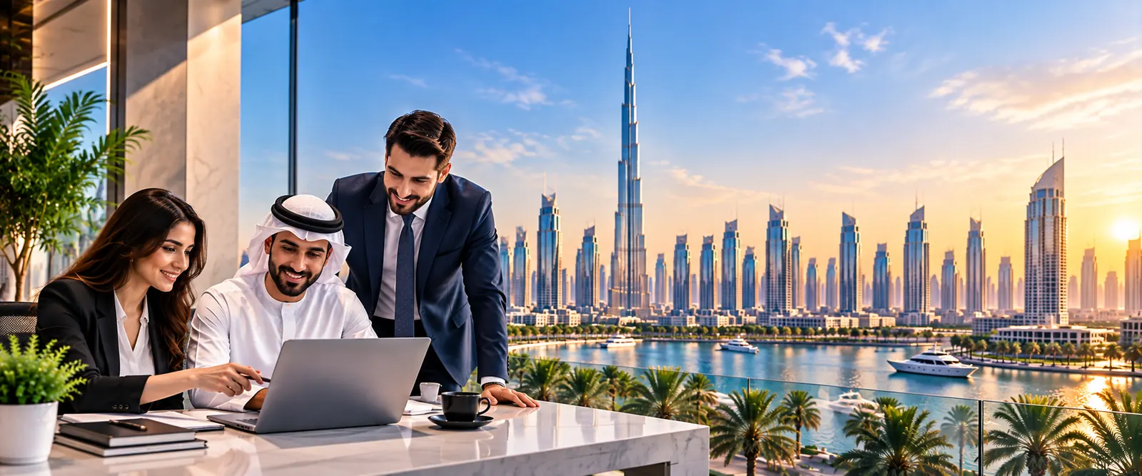 Three colleagues reviewing a website on a laptop on a Dubai terrace with the Burj Khalifa and marina behind them