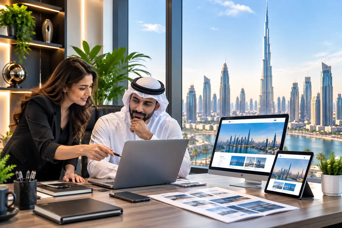 Web designer and client reviewing a website design on a laptop in a Dubai office with the Burj Khalifa skyline behind