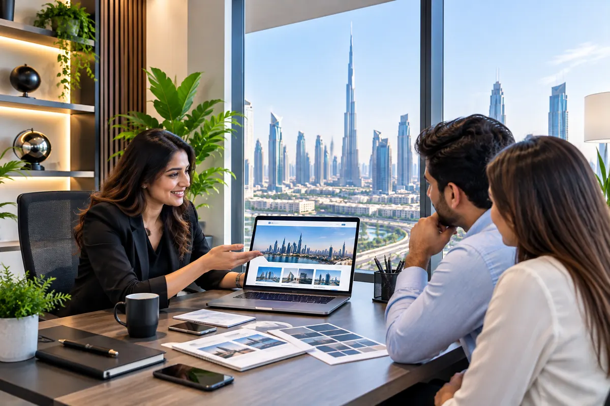 Development team presenting a website build on a laptop in a Dubai office with the Burj Khalifa skyline behind