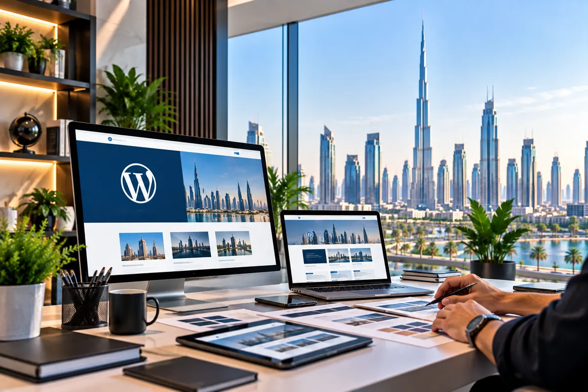 Desk with a WordPress website open on monitor, laptop and tablet, with the Dubai skyline and Burj Khalifa through the window