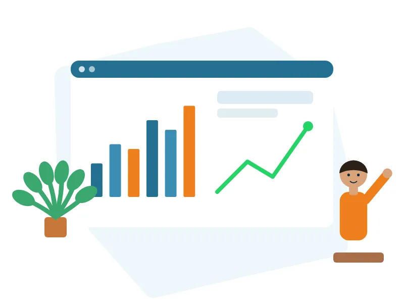 Illustration of a growth chart and analytics dashboard showing rising results
