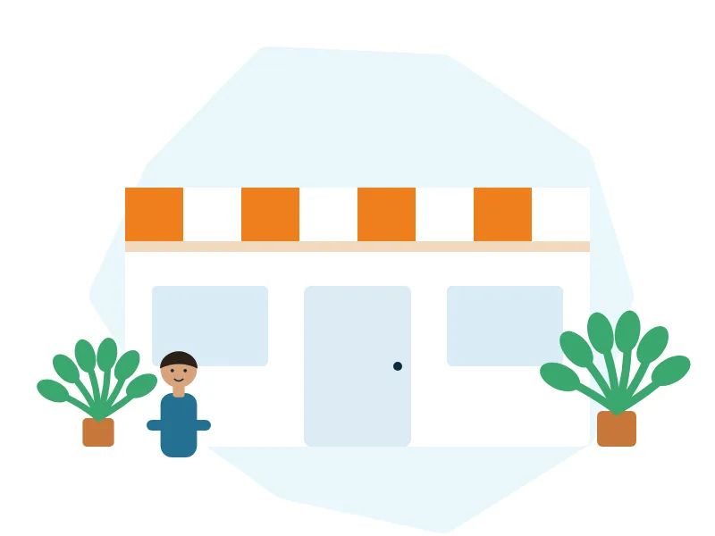 Illustration of an online storefront with product displays, an awning and a shopping bag
