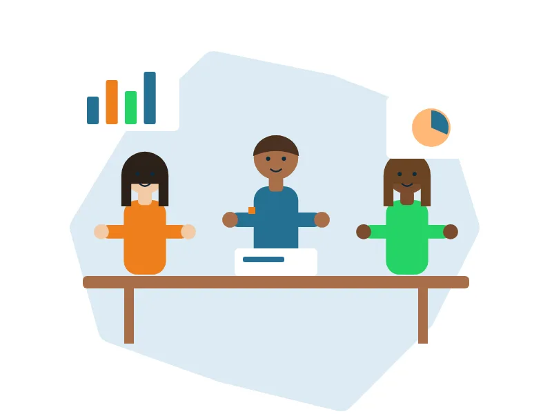 Illustration of a design team meeting around a table to review website designs