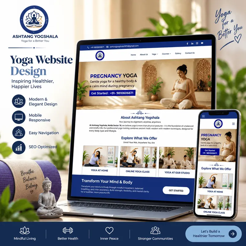 Ashtang Yogshala yoga studio website shown on laptop and phone