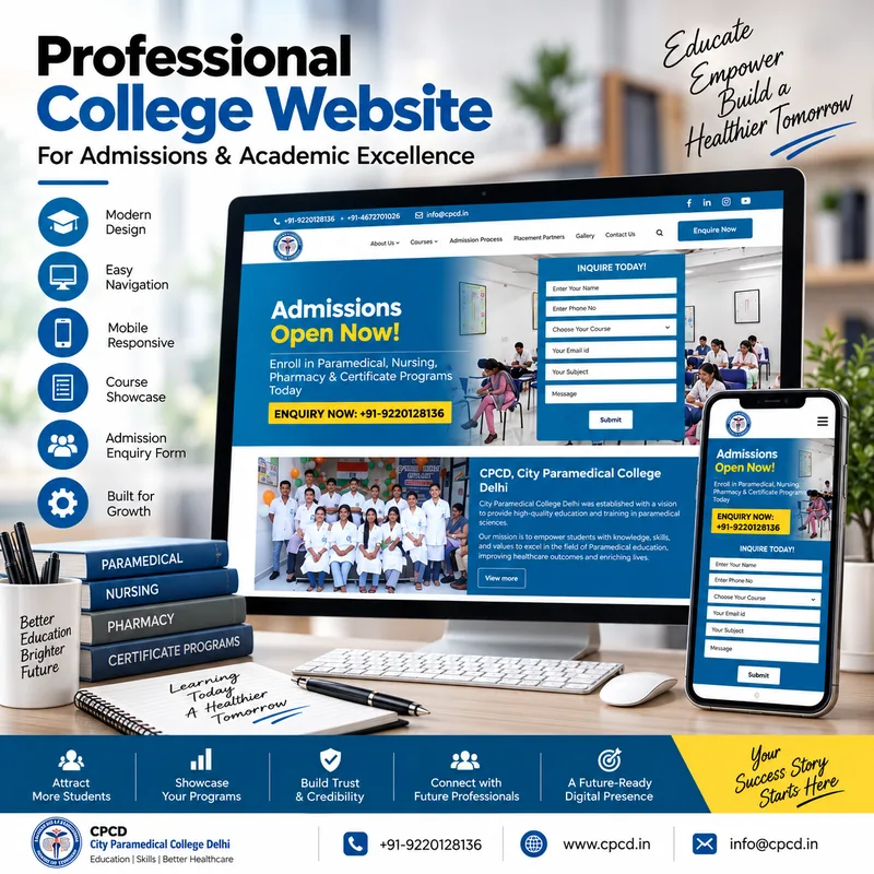 CPCD City Paramedical College Delhi admissions website shown on desktop and phone