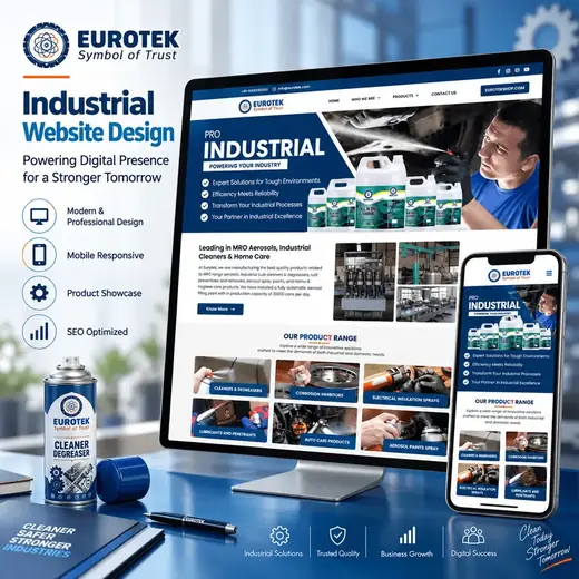 Eurotek industrial aerosol and cleaner manufacturer website shown on laptop and phone