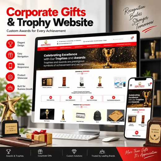 Joshi Trophy corporate gifts and trophy ecommerce store shown on laptop and phone