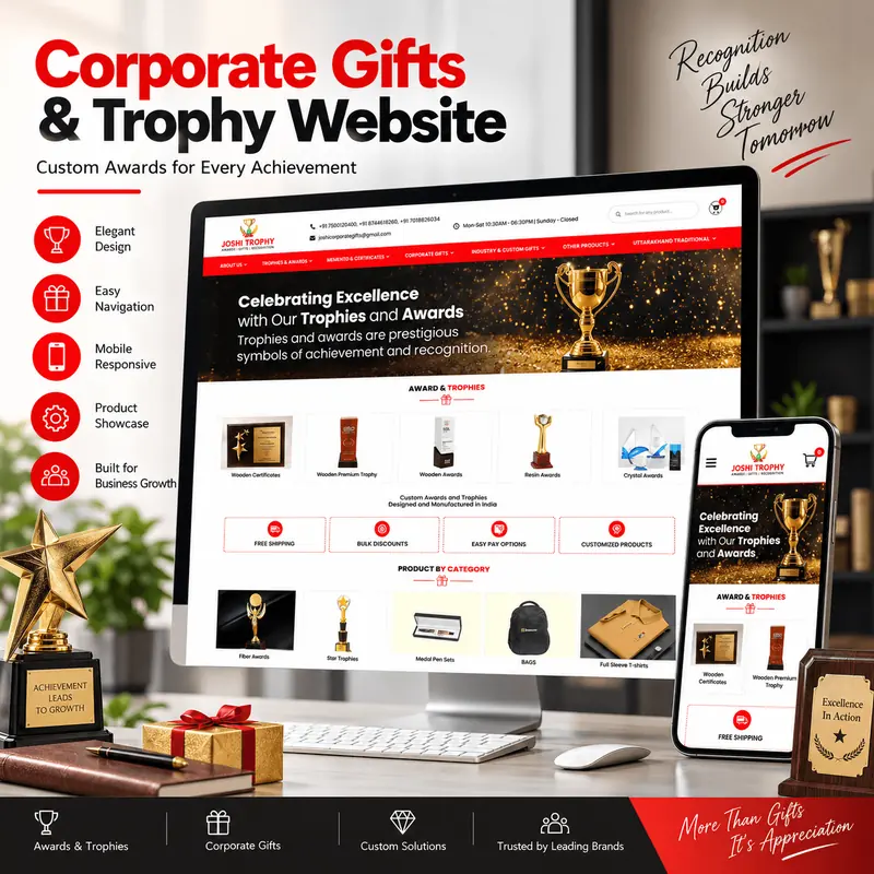 Joshi Trophy corporate gifts and trophy ecommerce store shown on laptop and phone