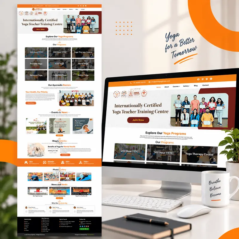 Shree Yogshala teacher-training centre website on a desktop screen