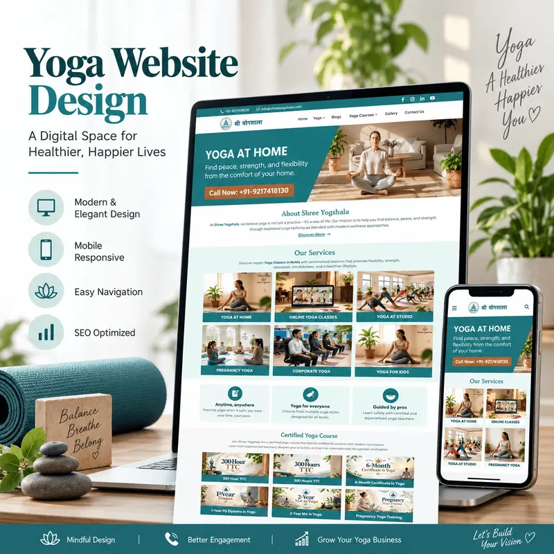 Shree Yogshala yoga studio and teacher-training website shown on laptop and phone